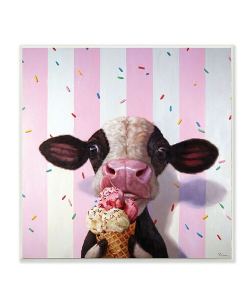 Cute Baby Cow with Ice Cream Cone Pink Stripes Art, 12" x 12"