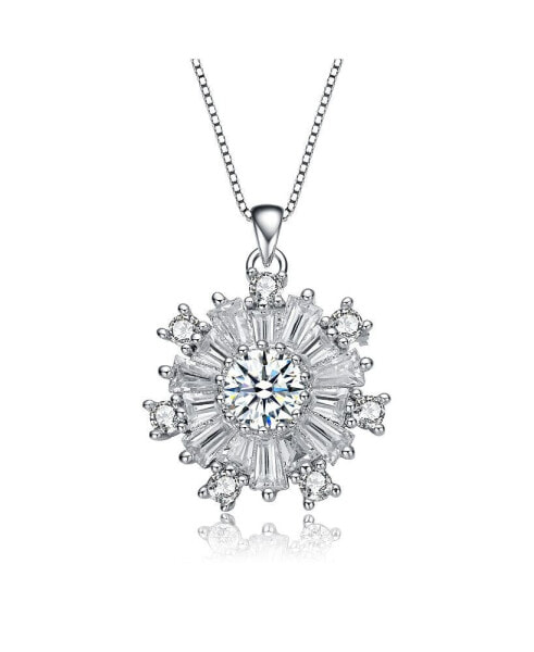 White Gold Plated with Cubic Zirconia Flower Snowflake Pendant Necklace