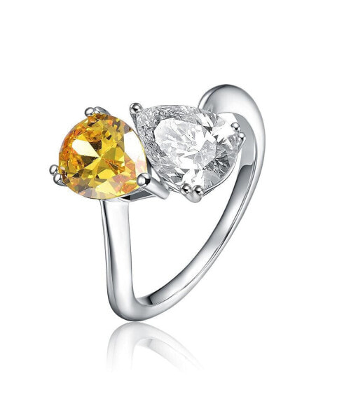 Sterling Silver Rhodium Plated Clear and Yellow Cubic Zirconia Bypass Ring