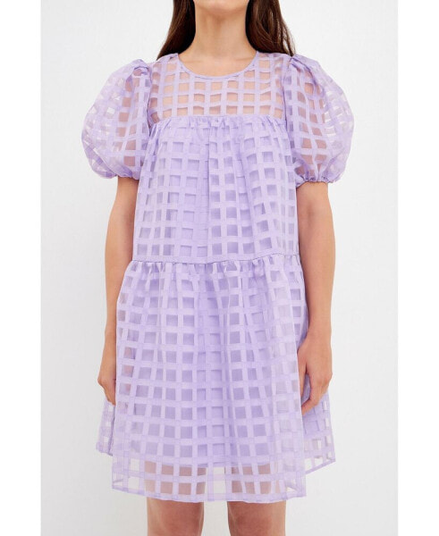 Women's Gridded Puff Sleeve Dress