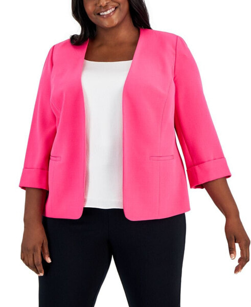 Plus Size Stretch-Crepe 3/4-Sleeve Open-Front Jacket