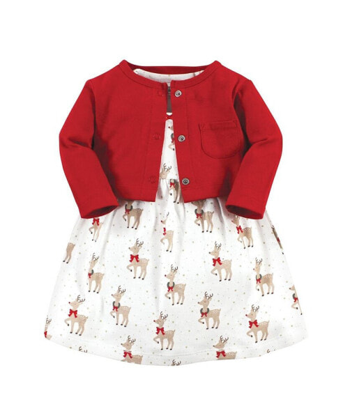 Toddler Girls Cotton Dress and Cardigan 2pc Set, Fancy Rudolph