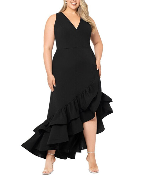 Plus Size Asymmetric Ruffled Gown