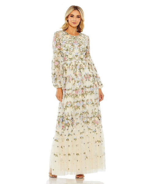 Women's High Neck Floral Embroidered Puff Sleeve Gown