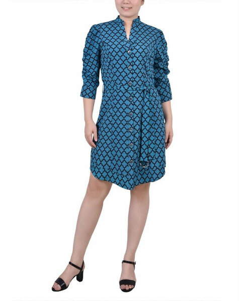Petite 3/4 Rouched Sleeve Dress with Belt