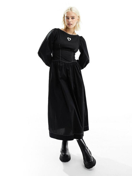 COLLUSION cotton corset maxi dress with contrast stitch in black