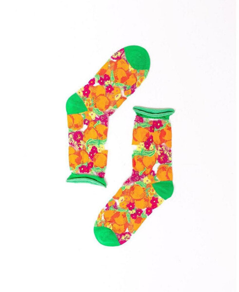 Women's Orange Floral Sheer Sock