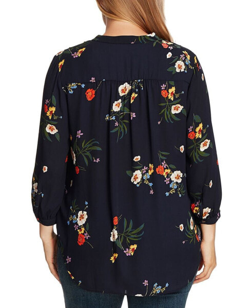 Plus Size Floral-Print 3/4-Sleeve V-Neck Top