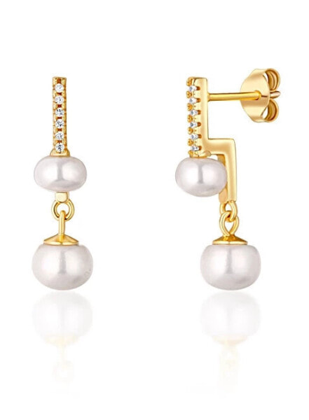 Imaginative yellow gold earrings with real pearls and zircons JL0772