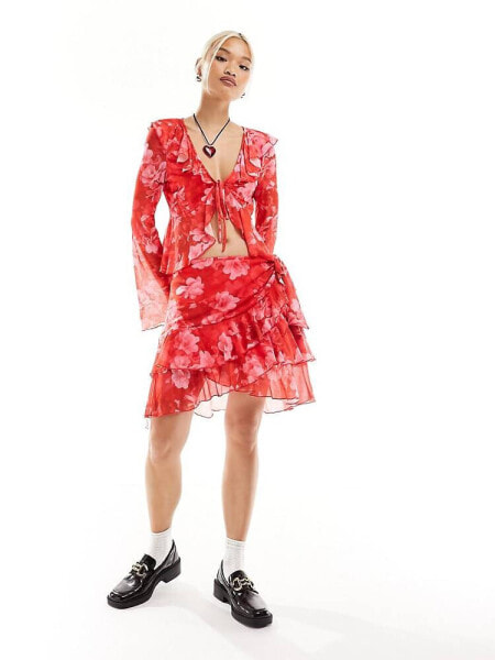 Something New X Chloe Frater mesh frill detail mini skirt co-ord in red washed floral