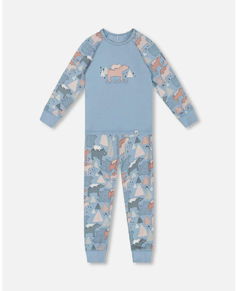 Big Girls Organic Cotton Two Piece Pajama Set Air Blue Printed Mama Bears