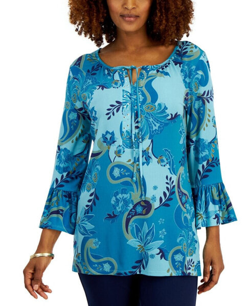 Women's Printed Embellished Tunic with Ruffle Sleeves, Created for Macy's