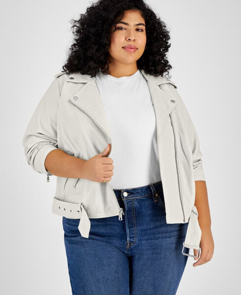 Plus Size Faux Leather Belted Motorcycle Jacket