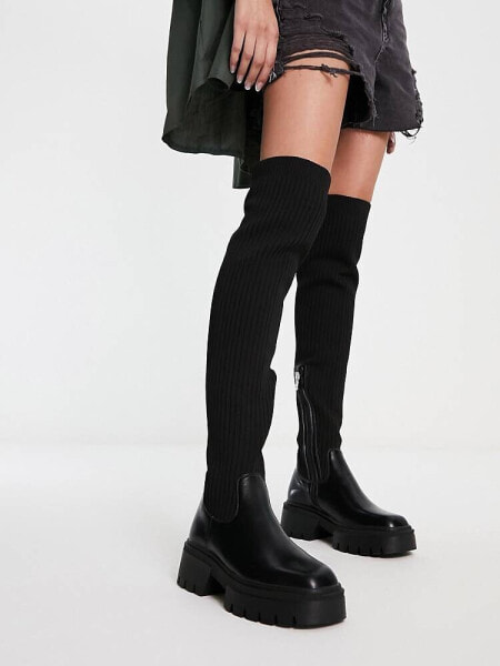 Simmi London Reign knitted over the knee second skin boots in black 