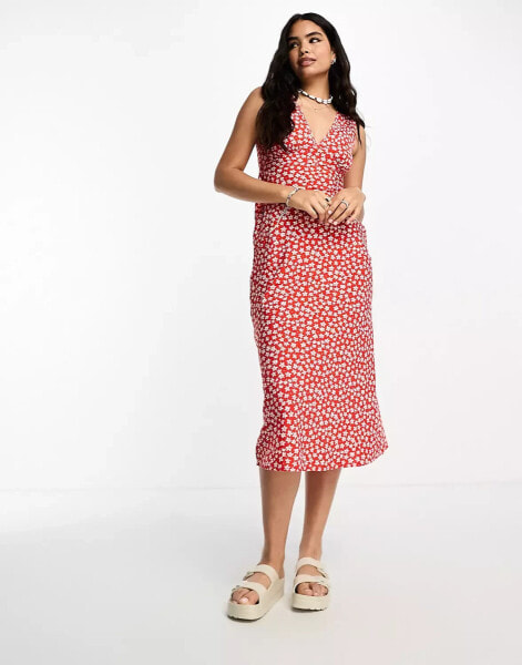 Wednesday's Girl bloom print v-neck midi dress in red