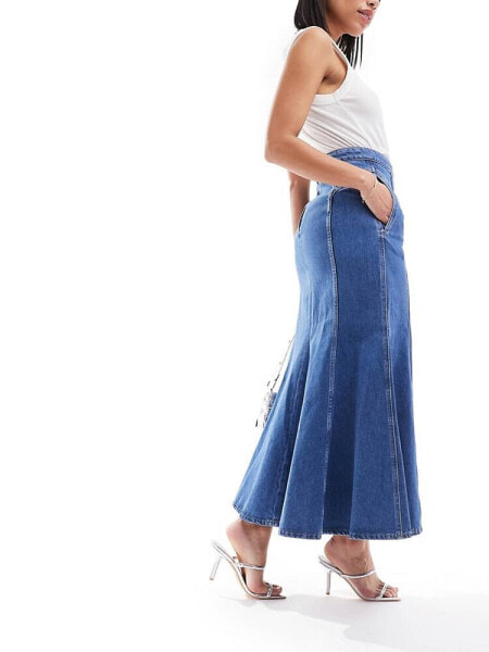 & Other Stories denim maxi full skirt with minimal front pleat detail  in blue wash