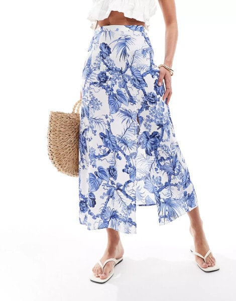 & Other Stories midi skirt with side split in blue floral print