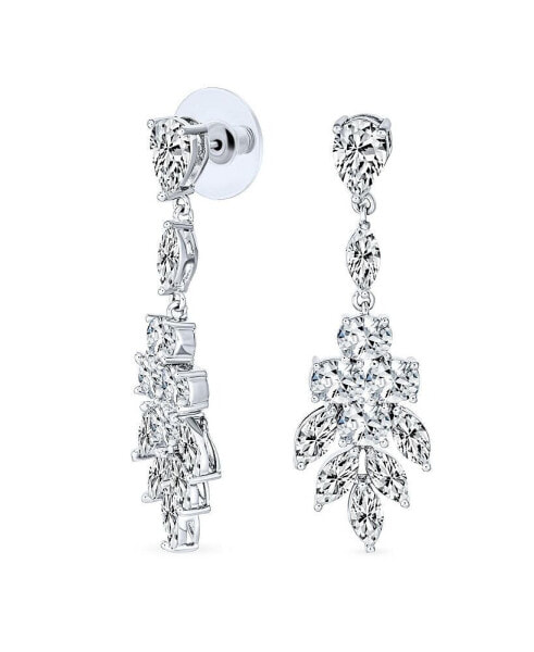 Bridal Teardrop Marquise Cluster Cubic Zirconia CZ Prom Pageant Statement Dangle Earrings For Women Rhodium Plated Brass