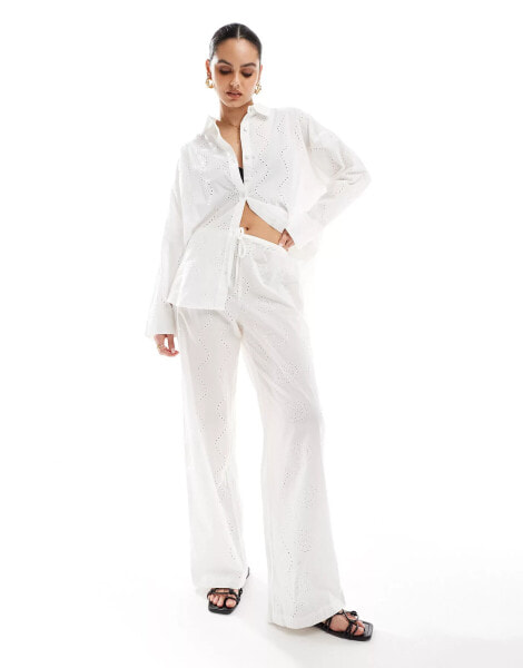 Pull&Bear broderie drawstring waist trouser co-ord in white