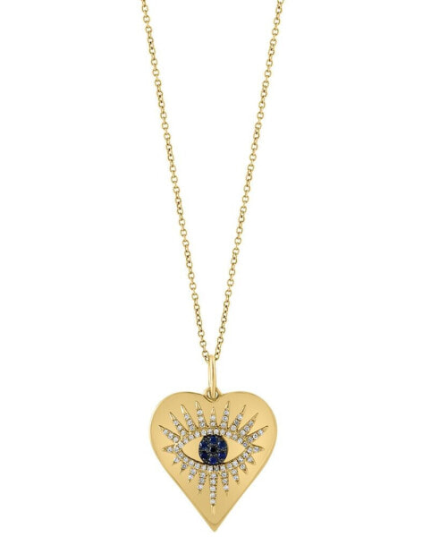 EFFY® Sapphire (1/20 ct. t.w.) & Diamond (1/4 ct. t.w.) Evil Eye Heart 18" Pendant Necklace in 14k Gold