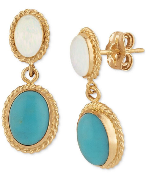 Opal & Turquoise Oval Rope-Framed Double Drop Earrings in 14k Gold