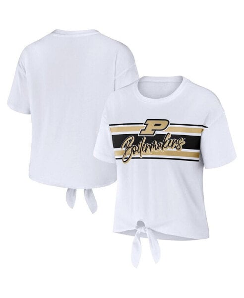 Women's White Purdue Boilermakers Striped Front Knot Cropped T-shirt