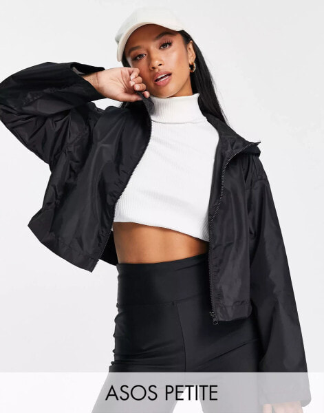 ASOS DESIGN Petite cropped rain jacket with hood in black