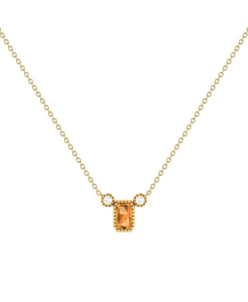 Emerald Cut Citrine Gemstone, Natural Diamond 14K Yellow Gold Birthstone Necklace