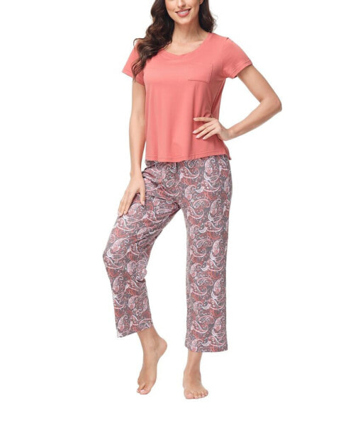 Women's 2 Piece Short Sleeve Top with Cropped Wide Leg Pants Pajama Set