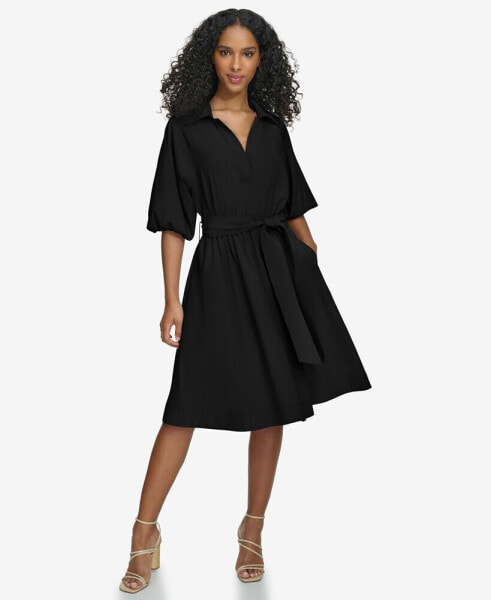 Women's Split-Neck Puff-Sleeve A-Line Dress