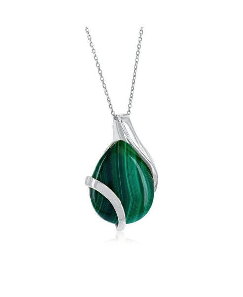 Sterling Silver or Gold Plated over Sterling Silver Large Pear-Shaped Malachite Pendant Necklace