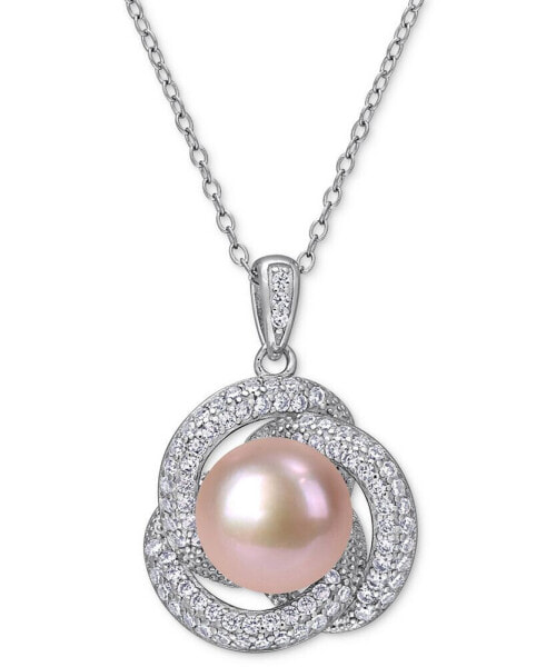 Macy's pink Cultured Freshwater Pearl (10-1/2mm) & Cubic Zirconia Love Knot 18" Pendant Necklace in Sterling Silver