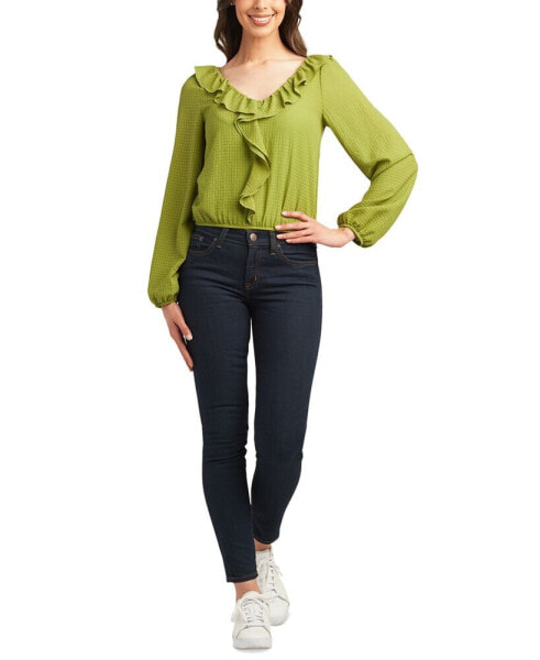 Juniors' Puckered Ruffle-Trim Long-Sleeve Blouse