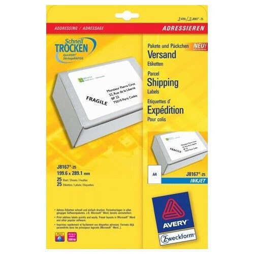 Avery Zweckform Avery J8167-25 - White - Inkjet - 199.6 x 289.1 mm - A4 - 25 pc(s) - 25 sheets