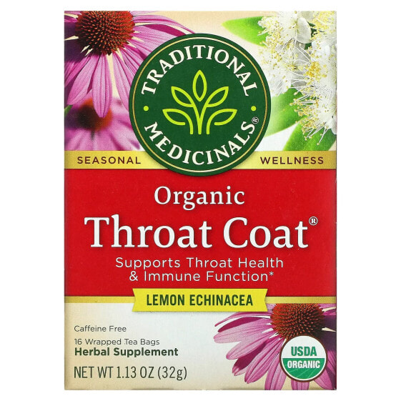 Organic Throat Coat, Lemon Echinacea, Caffeine Free, 16 Wrapped Tea Bags, 1.13 oz (32 g)