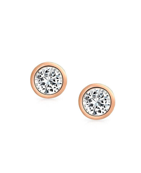 Simple Classic Bezel Set Cubic Zirconia AAA CZ Round Solitaire Stud Earrings For Women Rose Gold Plated .925 Sterling Silver 7MM