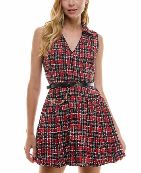 Juniors' Belted Bouclé Fit & Flare Dress