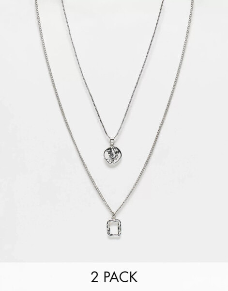 ASOS DESIGN 2 pack chain necklace with molten pendants in silver tone