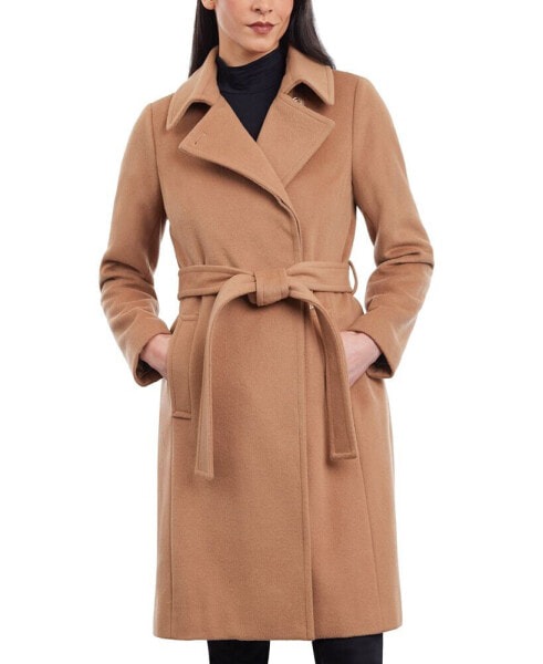 Women's Petite Belted Notched-Collar Wrap Coat