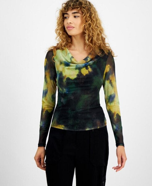 Women's Printed Mesh Cowlneck Long-Sleeve Top, Created for Macy's