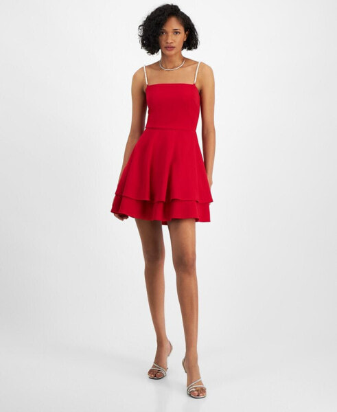 Juniors' Imitation Pearl-Strap Double-Layer Fit & Flare Dress