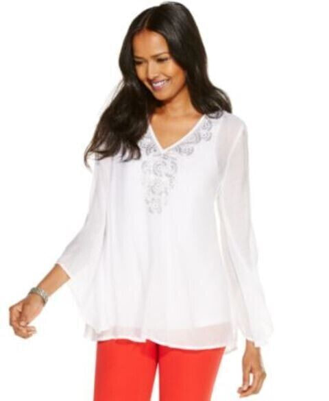 Alfani Women's Angel Sleeve Embroidered Sheer Top White Size 6