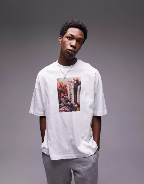 Topman premium extreme oversized fit t-shirt with front and back spine tower print in white