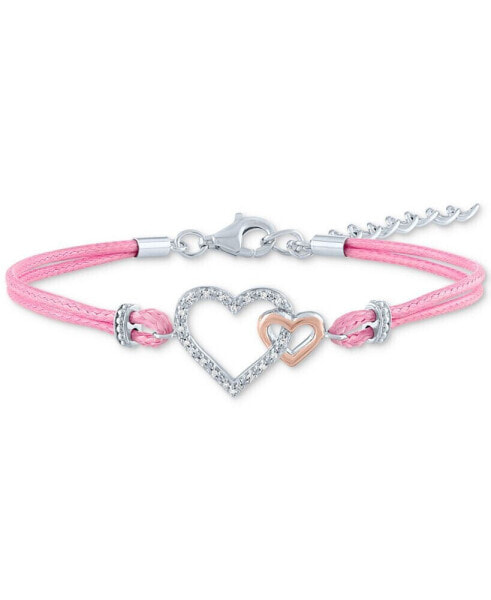 Diamond Accent Double Heart Pink Cord Bracelet in Sterling Silver & 14k Rose Gold-Plate