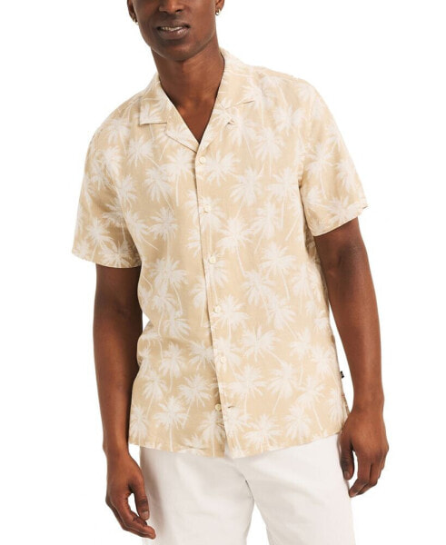 Men's Linen-Blend Palm Print Short Sleeve Camp Shirt