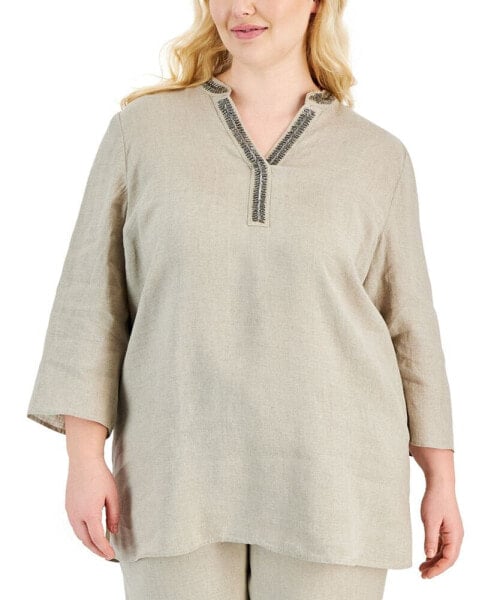 Plus Size 100% Linen Embellished Tunic, Created for Macy's