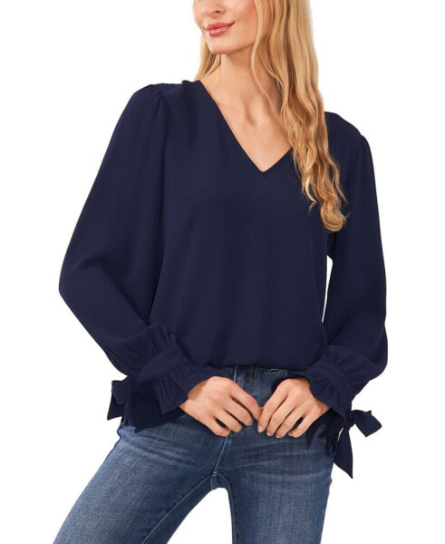 Women's Solid Long Sleeve V-Neck Tie-Cuff Blouse