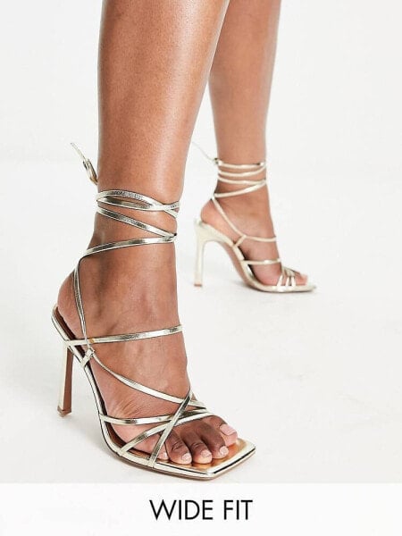 ASOS DESIGN Wide Fit Nobu strappy tie leg heeled sandals in gold