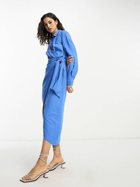 & Other Stories linen wrap midi dress in blue