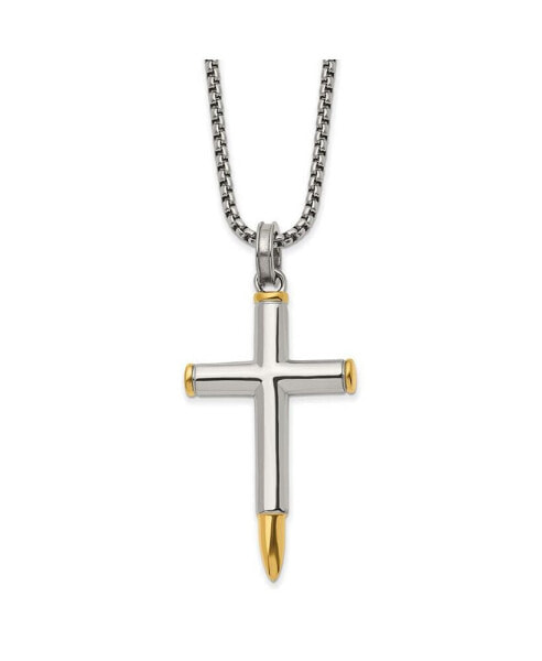 Yellow IP-plated Bullet Cross Pendant Box Chain Necklace